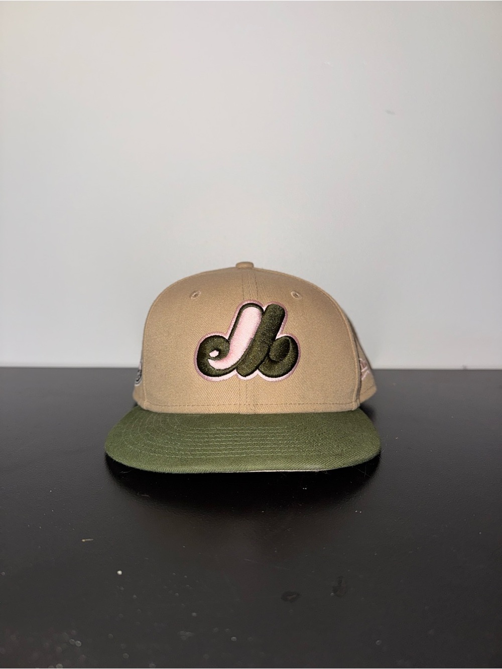 New Era Beige Snapback Hat with Olive Brim and Pink Logo